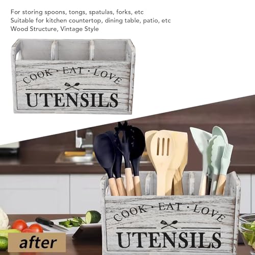 Asixxsix Kitchen Utensil Holder, Wooden Utensil Organizer with 3 Compartments, Vintage Cooking Utensil Crock Storage Box for Long Spoons Tongs Spatulas Forks