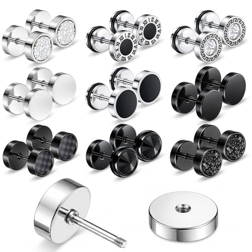JJUNW Lot de 9 paires de faux écarteurs de boucles d'oreilles rondes en acier inoxydable pour homme et femme