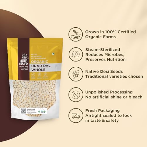 Image of Pure & Sure Organic White Urad Dal Whole 500gm | 100% Natural Sabut Urad | Certified Organic | Rich in Protein, Iron & Fiber | No Chemicals & Additives