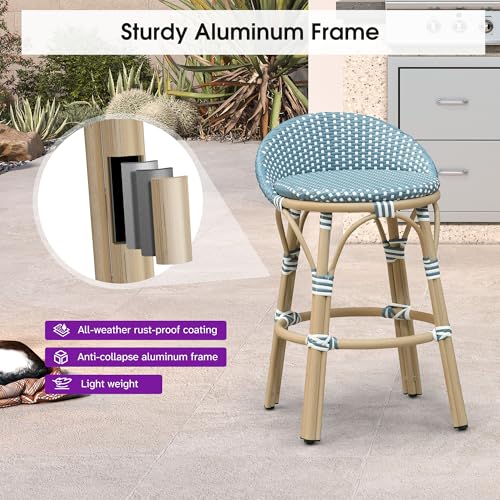 Image of PURPLE LEAF Patio Oversized Backrest Counter Height Stool Set of 1 Outdoor Round Barstools Aluminum Frame in Champagne Finish Woven Rattan for Indoor Kitchen Dining Bistros Cafe Restaurant Light Blue