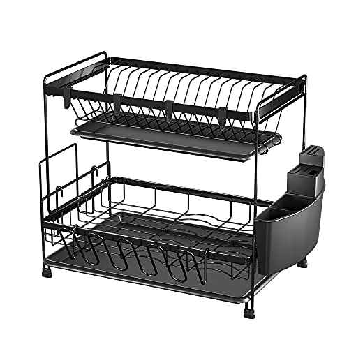 Escurreplatos de 2 niveles, 43 x 29 x 36 cm, ahorra espacio, gran capacidad, múltiples funciones, para el hogar, pequeñas tiendas de té de leche, cafeterías