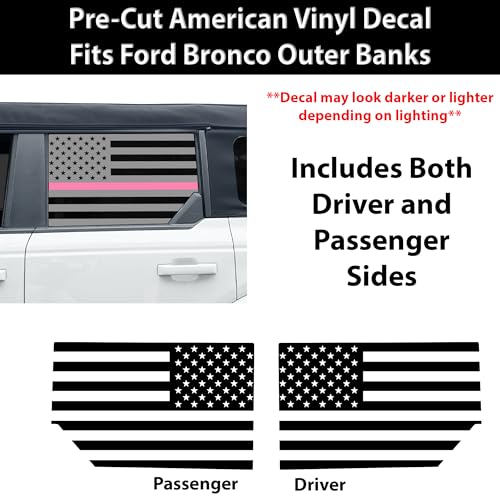 Image of BOGAR TECH DESIGNS Precut Rear Side Window American Flag Vinyl Decal Sticker Compatible with Ford Bronco 2021-2026, Thin Pink Line