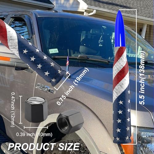 Image of Car Truck Antenna with Valve Stem Caps - American Flag Design 5.5 Inch for GMC Chevy Silverado Dodge RAM 1500 2500 3500 Ford F150 F250 F350 Truck Accessories - Stubby Antenna Replacement (Blue)