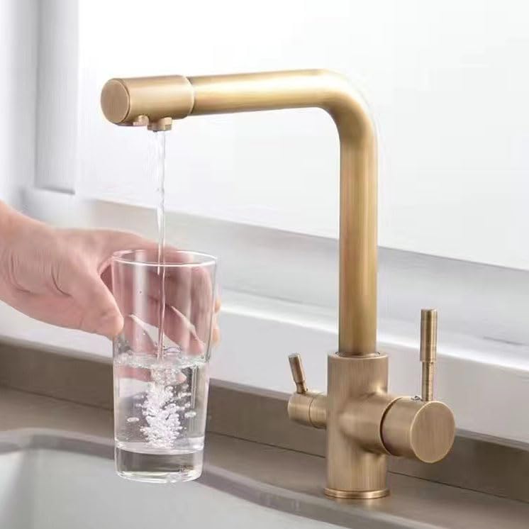 Grifo de latón para fregadero de cocina de 3 vías con boquilla giratoria de 360°, acabado antiguo y filtro de agua