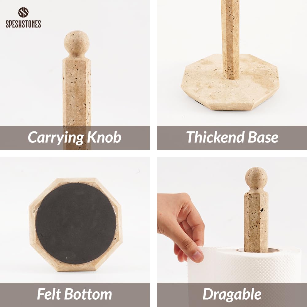 SPESHSTONES Soporte para Toallas de Papel de mármol travertino de 12.5 Pulgadas para Toallas de Cocina, Soporte para Rollo de Papel Hecho a Mano con Soporte