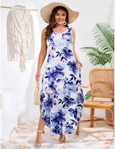 Image of JollieLovin Women Plus Size Summer Tank Maxi Dresses Sleeveless Causal V Neck Beach Long Dresses Swim Cover up (L-5X)