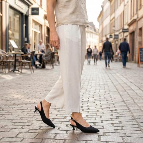 Image of youngshow Women's Slingback Kitten Heels for Work | Knit, Low Heels, Elastic Back Strap, Slip on, Pumps for Office, Wedding, Party