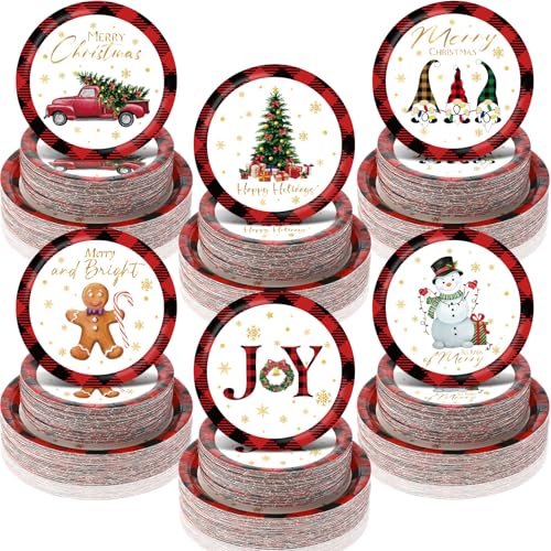 Layhit Platos de papel para fiesta de Navidad, postre, decoración de fiesta de Navidad, platos de papel redondos desechables para Navidad, fiesta de cumpleaños, 7 pulgadas y 9 pulgadas (240 piezas)