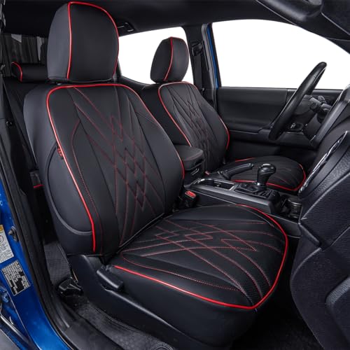 Image of EKR Custom Fit Tacoma Car Seat Covers for Toyota Tacoma 2024 2025 2026 Xtra Cab SR - Full Set,Faux Leather(Black with Red Trim)