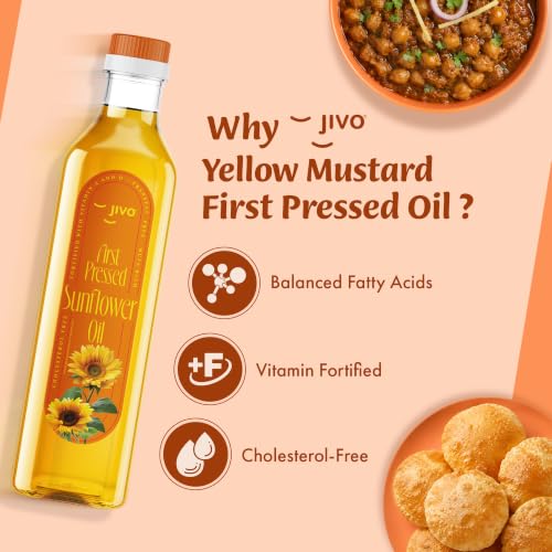 Image of Jivo First Pressed Sunflower Oil 1 Litre | MUFA-Rich Balanced with PUFA Omega-3 and 6 | Vitamin A and D Fortified Oil| Cholesterol and Trans Fat Free Oil | Ideal for Deep Frying, Roasting and Sauteing