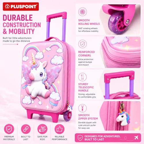 Image of PLUSPOINT Unicorn Theme Kids Trolley Bag | 16 Inch Hard Shell Cabin Luggage with Wheels & Telescopic Handle | Lightweight Travel Suitcase for Girls | School Trips, Vacations, Holidays & Weekend Travel
