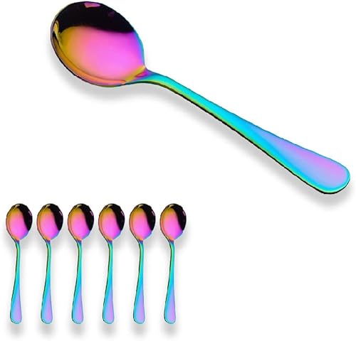 Berglander Cuchara de sopa de arcoíris 6 cucharas de sopa multicolor de acero inoxidable chapado en titanio cucharas redondas coloridas paquete de 6