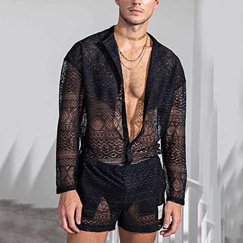 EndoraDore Men's 2 Pieces Shirt Sets Sexy Lace See Through Long Sleeve Casual Button Down Shirts and Shorts Tracksuit2