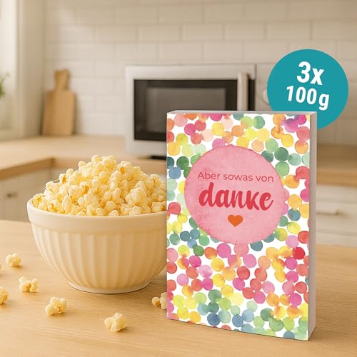 Liebevolles Gastgeschenk – 3x100g Süßes Mikrowellen-Popcorn – Aber sowas von danke – Leckeres Mitgebsel für Hochzeit, Geburtstag & besondere Anlässe – vegan & glutenfrei
