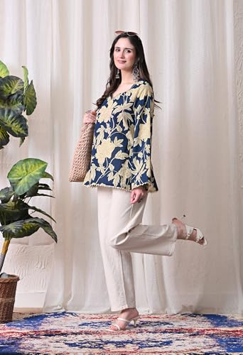 Image of MEERA FAB Women's Summer Floral Printed Cotton Short Kurta Bell Sleeves | Floral Printed Kurta | Short Kurti for Women