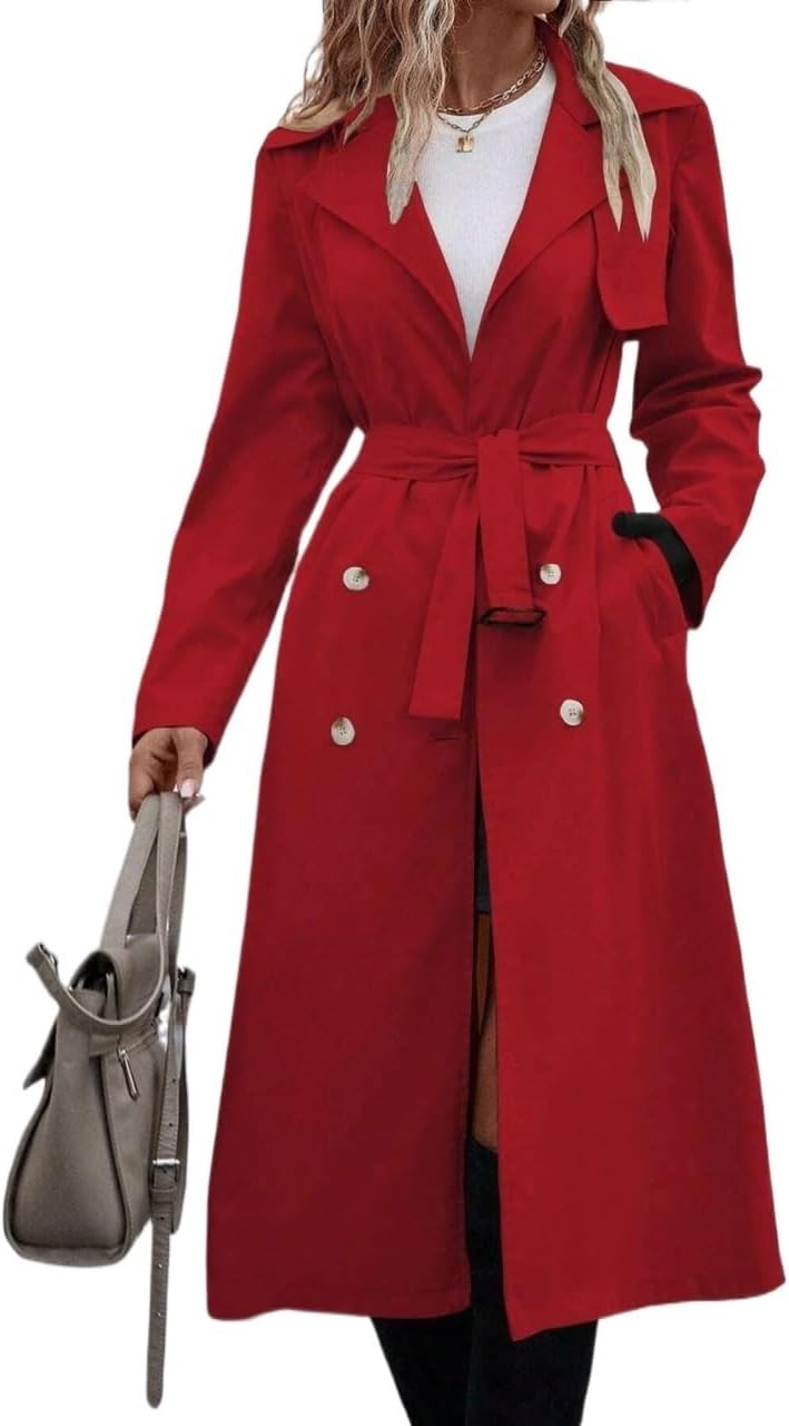 Womens Fashion Trench Outwear Lapel Neck Double Breasted Belted Trench Coat Jacket Coat