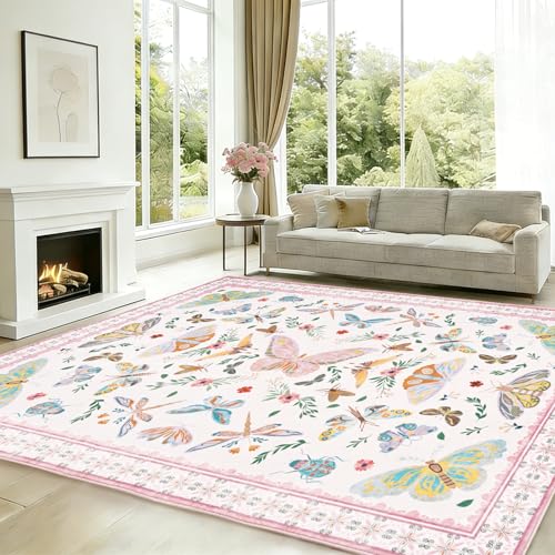 Alishomtll Teppich Läufer 200x280 cm, Rosa Vintage Schmetterling&Insekt Teppich, rutschfest Waschbar Küchenteppich, Weich Kurzflor Flurläufer für Wohnzimmer Schlafzimmer Kinderzimmer Küche Eingang