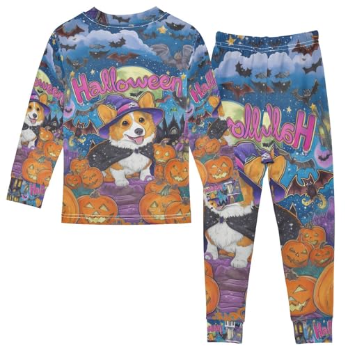 Fustylead Cute Corgi Dog Dressed As Witch with Halloween Decor Cotton Pajamas 2-Piece Long Sleeve Sleepwear Matching Set2