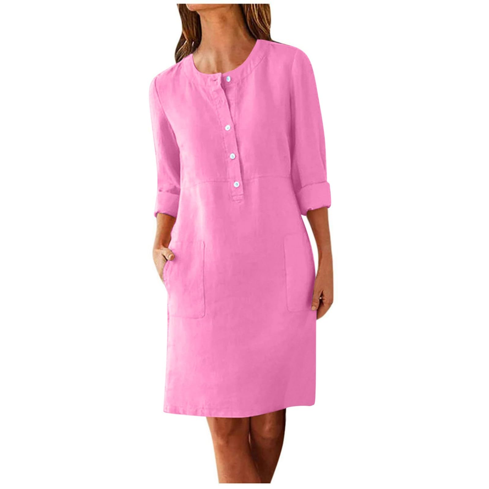 AMhomely Summer Dresses with Pockets for Women UK-Plus Size Short Sleeve Casual Dress,Button Front Knee Length Sundress,Round Neck Loose Breathable Dresses,Office Work Party A Pink XXL