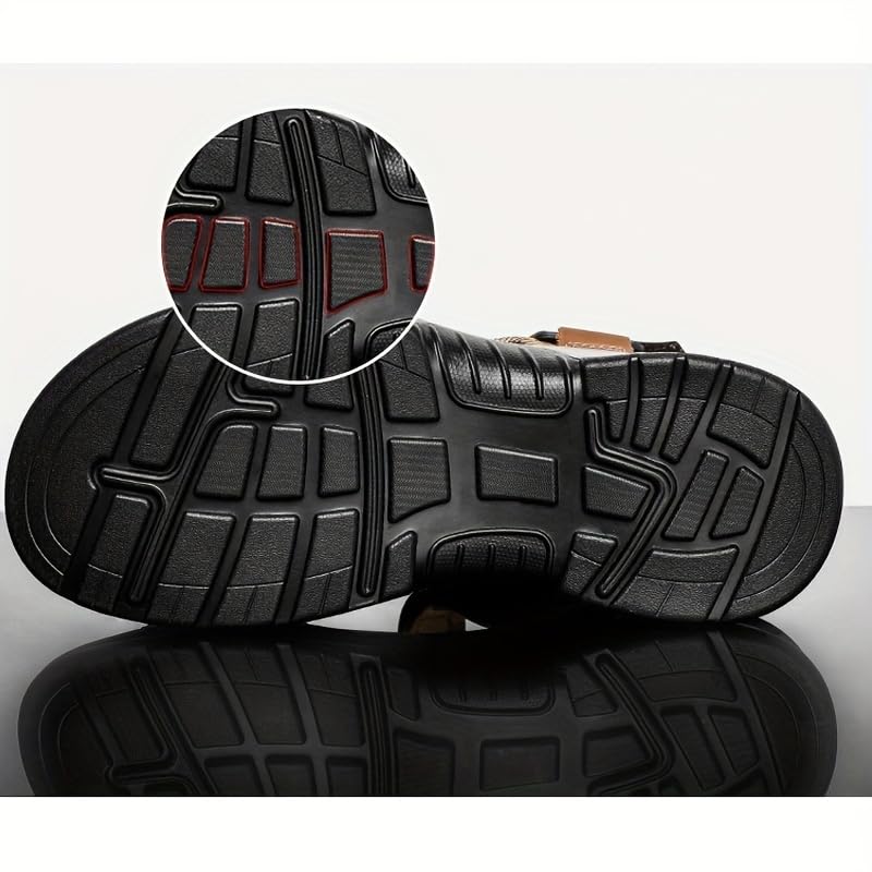 Men's Leather Open-Toe Beach Sandals - Casual Summer Sport Thick Sole, Adjustable Hook-and-loop Fastener Straps, Breathable Mesh Lining for Outdoor Activities4