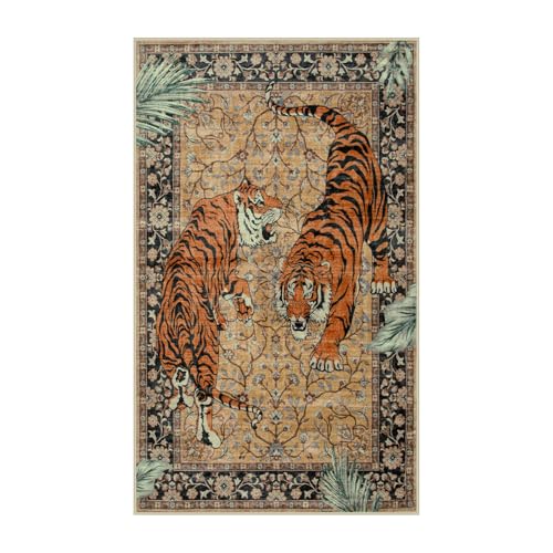 Moynesa Tiger Washable Rugs, 3x5 Entry Area Rugs, Non Slip Vintage Soft Living Room Carpet, Boho Low Pile Stain Resistant Indoor Throw Mat for Kitchen Bedroom Entrance, Camel