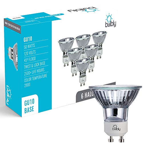 Bulbly GU10 Halogen Light Bulb 120V/50W MR16 Glass Cover High Efficiency Halogen Flood Light Bulbs for Indoor 500 Lumens Warm White (6 Pack)