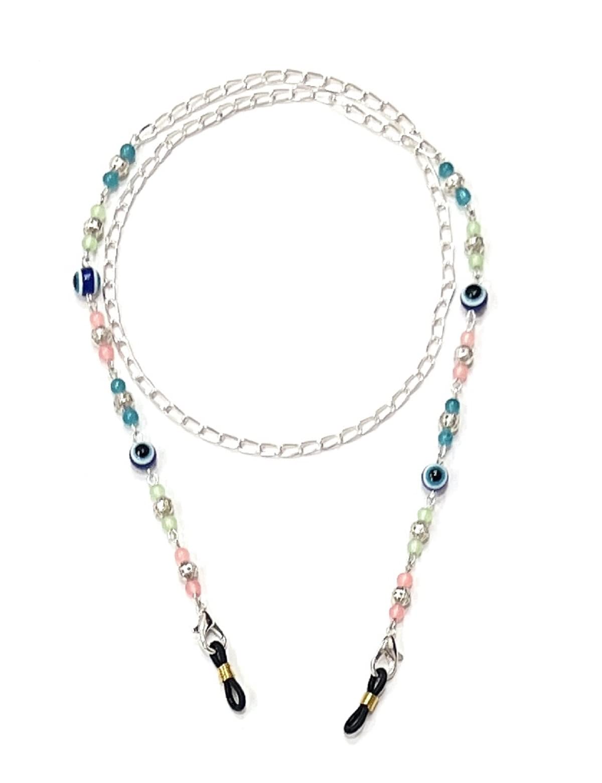 Crystal Beaded & Silver Filigree Spectacle Chain With Evil Eye For Women Sunglass Spectacle Cord Neck Strap String Chain Link Holder Lightweight Chain Lanyard for Eyewear Frames (Tricolor)