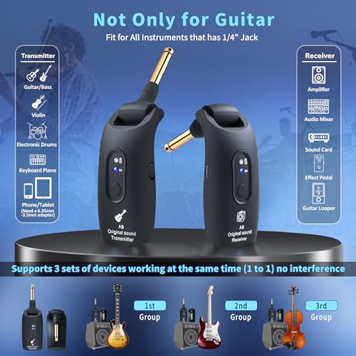 24ghz wireless guitar system rechargeable audio wireless transmitter receiver for guitar bass electric instrumentsover 30m100 feet transmission270rotatable4hours woring timea9 black