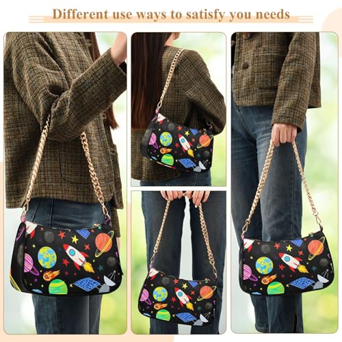Cute Cartoon Rockets Black Medium Handbag Tote Womens Lady One Shoulder Bag Zipper Small Hobo Purse with Chain Strap 5