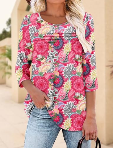 KISSMODA Women's Casual 3/4 Sleeve T-Shirts Round Neck Cute Tunic Tops Basic/Pleated Summer Tops Trendy Spring Blouses