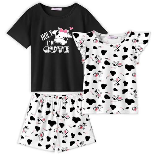 Arshiner Girls Pajamas Set Short Sleeve Pjs Sleepwear 3PCS Summer Lounge Sets Nightwear