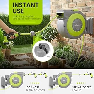 Bietor Avvolgitubo retrattile da giardino, montaggio a parete, avvolgitubo per acqua resistente, 40 m + 2 m, con ugello per tubo a 9 modelli, sistema di ritorno lento, blocco di qualsiasi lunghezza
