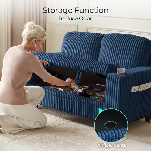 Image of LINSY HOME Loveseat Sofa with Storage - Comfy Plush Corduroy 2 Seater Sofa with USB Charging & Cup Holders, Deep Seat Love Seat for Small Spaces Living Room Bedroom Apartment, Blue