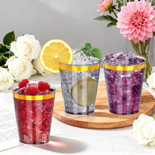 Image of 100 Pcs Gold Black Plastic Cups,10Oz Gold Rimmed Plastic Cups,Heavy Duty Gold Rim Clear Disposable Plasitc Cocktail Tumblers Wine Cup for Party,Wedding,Birthday,Christmas