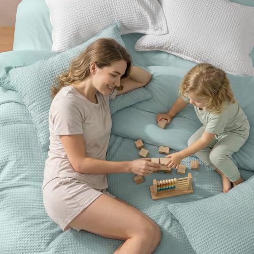 Image of PHF Waffle Weave Duvet Cover Set King Size, No Snagging Ultra Soft Luxury Textured Breathable Comforter Cover for All Season 3pcs, Durable Bedding Duvet Set with 2 Pillow Shams, 104 inchx90 inch, Aqua