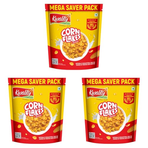 Image of Kwality Corn Flakes 1kg | Made with Golden Corns | 99% Fat Free, Natural Source of Vitamin & Iron | High in Protein & Fiber | Healthy Breakfast Cereal (Pack of 3)
