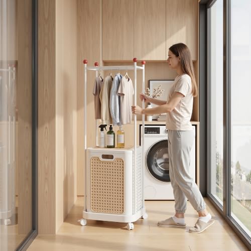 VECELO Laundry Hamper with Clothes Rack, Rolling Laundry Basket with Lid and Wheels, Tall Clothes Stand for Hanging Clothes, Multifunctional Laundry Organizer for Bedroom, Bathroom, White by VECELO - Used condition - Image 2