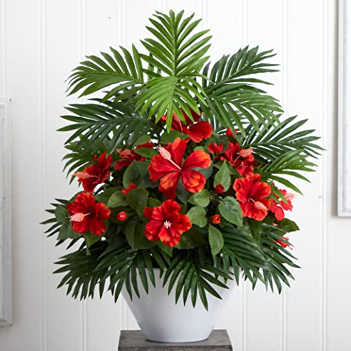 Nearly Natural Hibiscus And Areca Palm Artificial White Bowl Silk Plants Red #TOP2