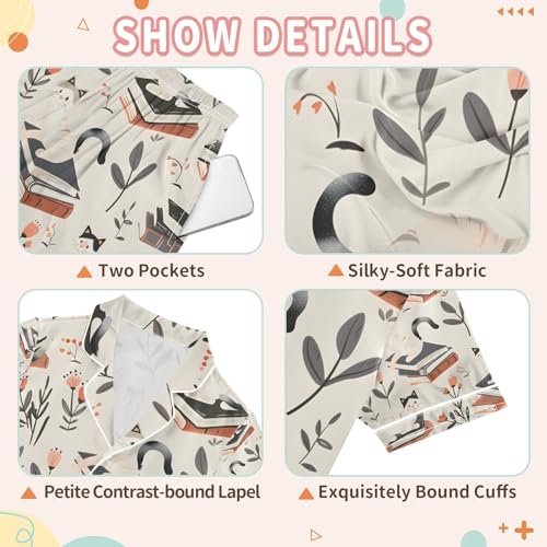 senya Cats and Books Satin Summer Pajama Sets Silk Short Sleeve Button Down Sleepwear3