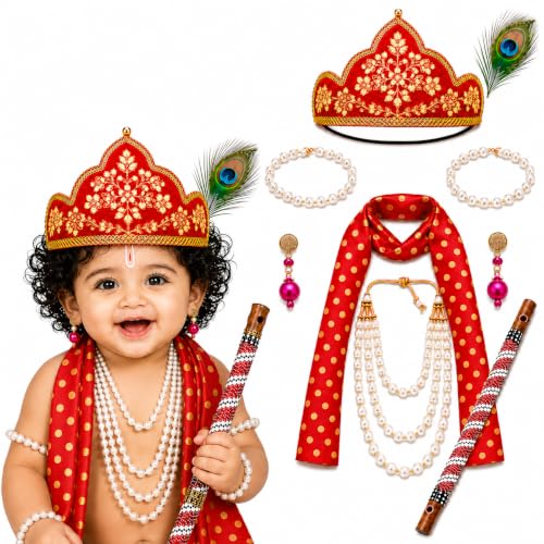 Image of Sarvda Krishna & Radha Dress for Kids - Complete Janmashtami Costume Sets with Dhoti /Lehenga, Mukut, Mor Pankh, Bansuri & Accessories | Fancy Dress for Baby Boys & Girls
