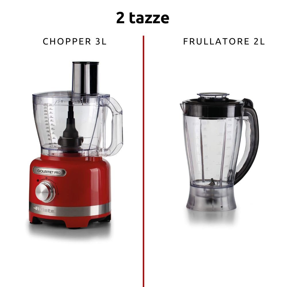 Ariete 1782 Gourmet Pro Moderna, Robot da cucina, Tritatutto 3L, Frullatore 2L, 2 velocità + Pulse, Set di lame + Disco in acciaio inox, Accessorio spremiagrumi, Rosso