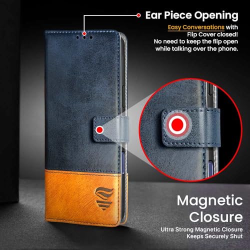 Image of FLIPPED Vegan Leather Flip Case Back Cover for iPhone 16 (Flexible, Shock Proof | Hand Stitched Leather Finish | Card Pockets Wallet & Stand | Irish Blue with Tanned Oak)