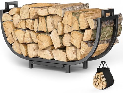 Bomclap U-förmigen Brennholzregal mit Abnehmbarem Kaminholztasche, Kaminholzregal Metall für innen und außen, Kaminholzständer Kaminholzkorb für Lagerfeuer, Camping, Reisen, 60x28x39cm