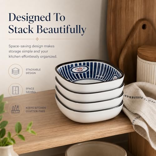 Image of Japanese Ceramic Dip Bowl Set of 6 | 200ml Small Square Sauce Bowls for Soy Sauce, Chutney, Snacks & Sushi Sides | Premium Stackable Dishwasher Safe Serving Bowls (Indigo Ray)