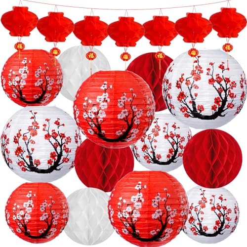 33 Pcs Chinese Japanese Paper Lantern New Year Decorations, Lunar New Year Lanterns Decoration Set, Red White Cherry Blossom Decorative Hanging Paper Lanterns for Chinese Spring Festival Year of Snake
