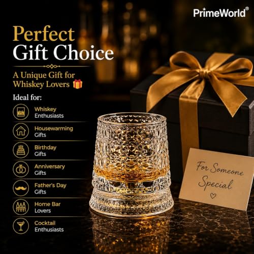 Image of PrimeWorld Diamond Dancing Whiskey Glasses - Set of 6 | 300ml 360 Rotating & Spinning Old Fashioned Tumblers | Diamond Cut Crystal Clear Bar Glasses for Whiskey, Bourbon, Scotch, Brandy & Cocktails