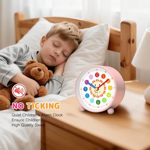 YsyYey Kids Alarm Clock, Silent Non Ticking, Analogue Alarm Clock for Beginners to School, Learning Clock, Pink Clock for Girls, Easy to Read, Birthday for Children Battery Operated - Image 4