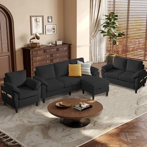 Image of 4 Piece Modern Corduroy Sofa Set, L-Shaped Sectional Couch with Storage Ottoman, Loveseat & Single Arm Chair, Side Storage Pockets, Removable Cushions for Living Room Apartment