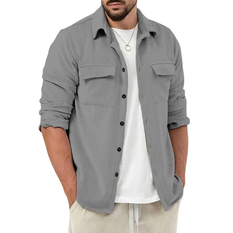 Image of Men Corduroy Casual Jacket Full Sleeve Self Design Button Front with Spread Collar, Woven Cord Lining and Two Pockets for Casual Outings