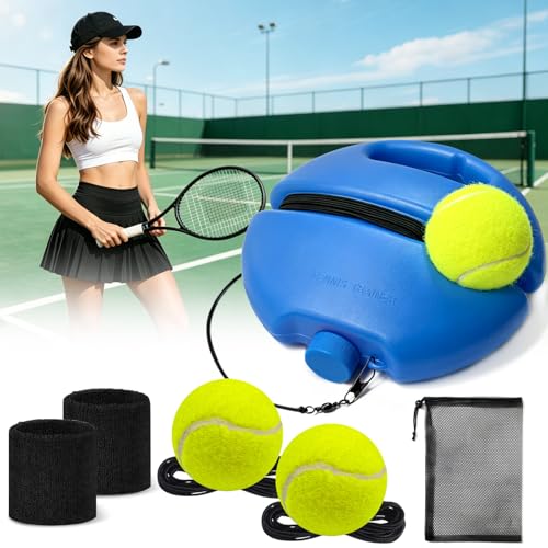 Uikherxn Tennis Trainer Rebound Ball Set Tennis Practice Rebounder with 3 String Balls Sports Wristband & Mesh Bag Portable Solo Tennis Training Equipment for Indoor Outdoor Sport